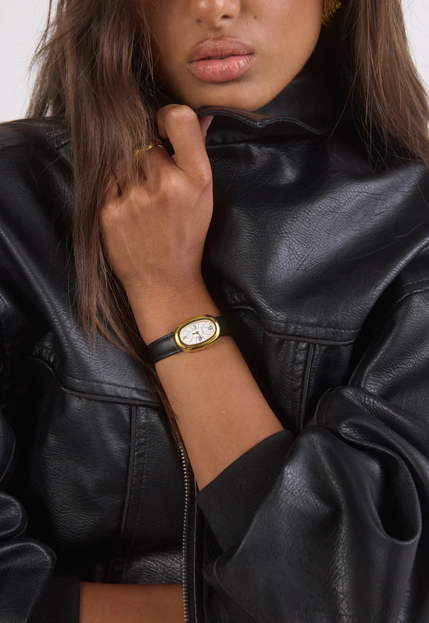 Classic | Black Smooth Leather Watch Band | Gold - Image 3