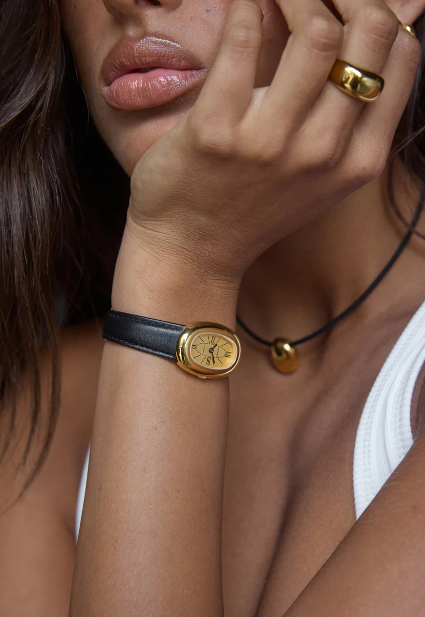 Classic | Black Smooth Leather Watch Band | Gold - Image 5